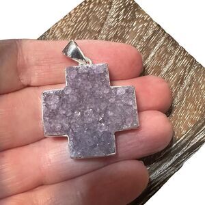 925 Sterling Silver Amethyst Druzy Cross Pendant